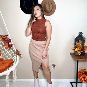Rust Mock Neck Sleeveless Ribbed Crop Top